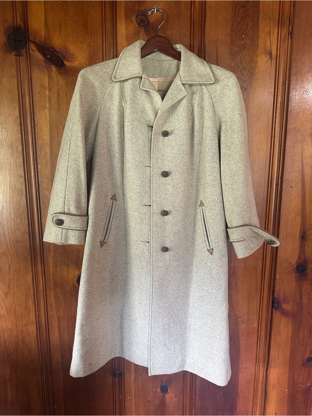 Vintage Fashionbilt Wool Blend Long Coat Beige Tan Leather Trim Custom Size
